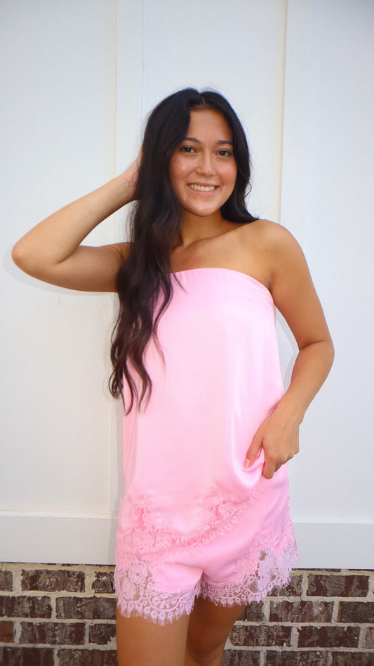 Pretty N’ Pink Lace Trim Strapless Top & Shorts Set