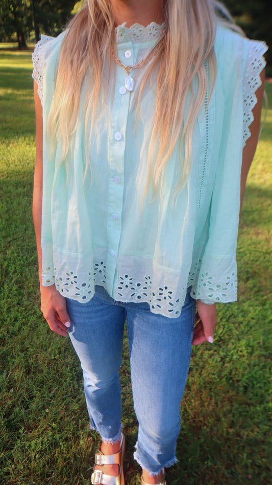 Good To Have Around Button Up Front Pleated Eyelet Blouse