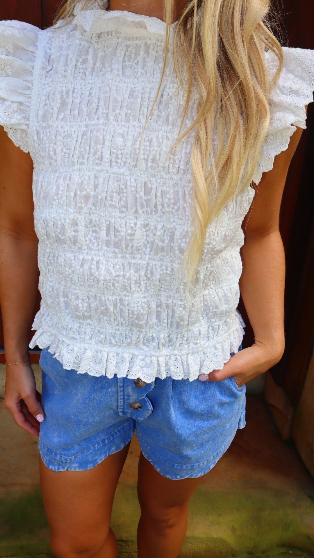 Brunch Babe Smocked Lace Trim Ruffle Blouse