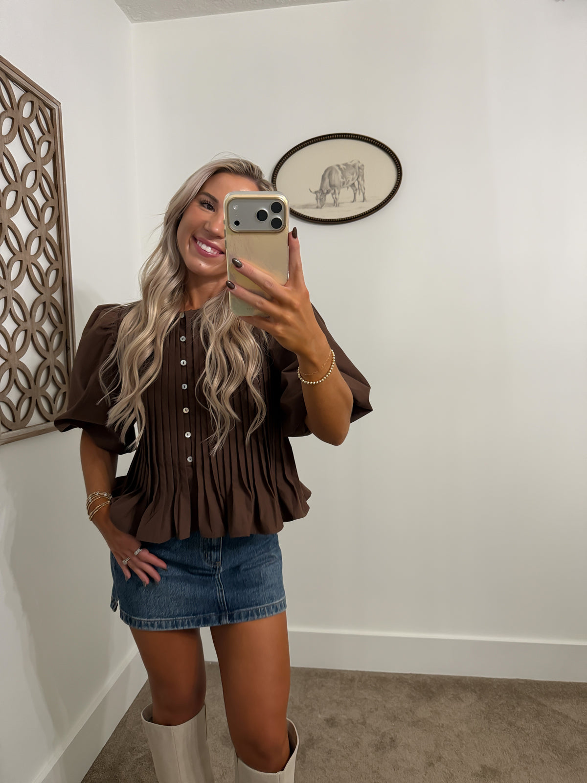 Pintuck Puff Sleeve Peplum Blouse