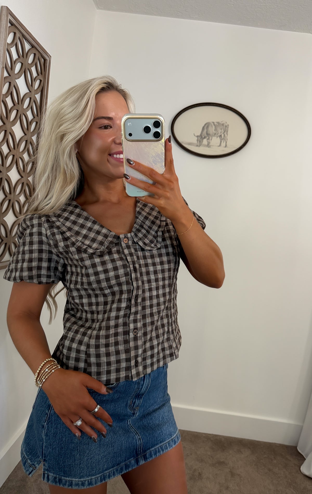 Cocoa Gingham Collared Top