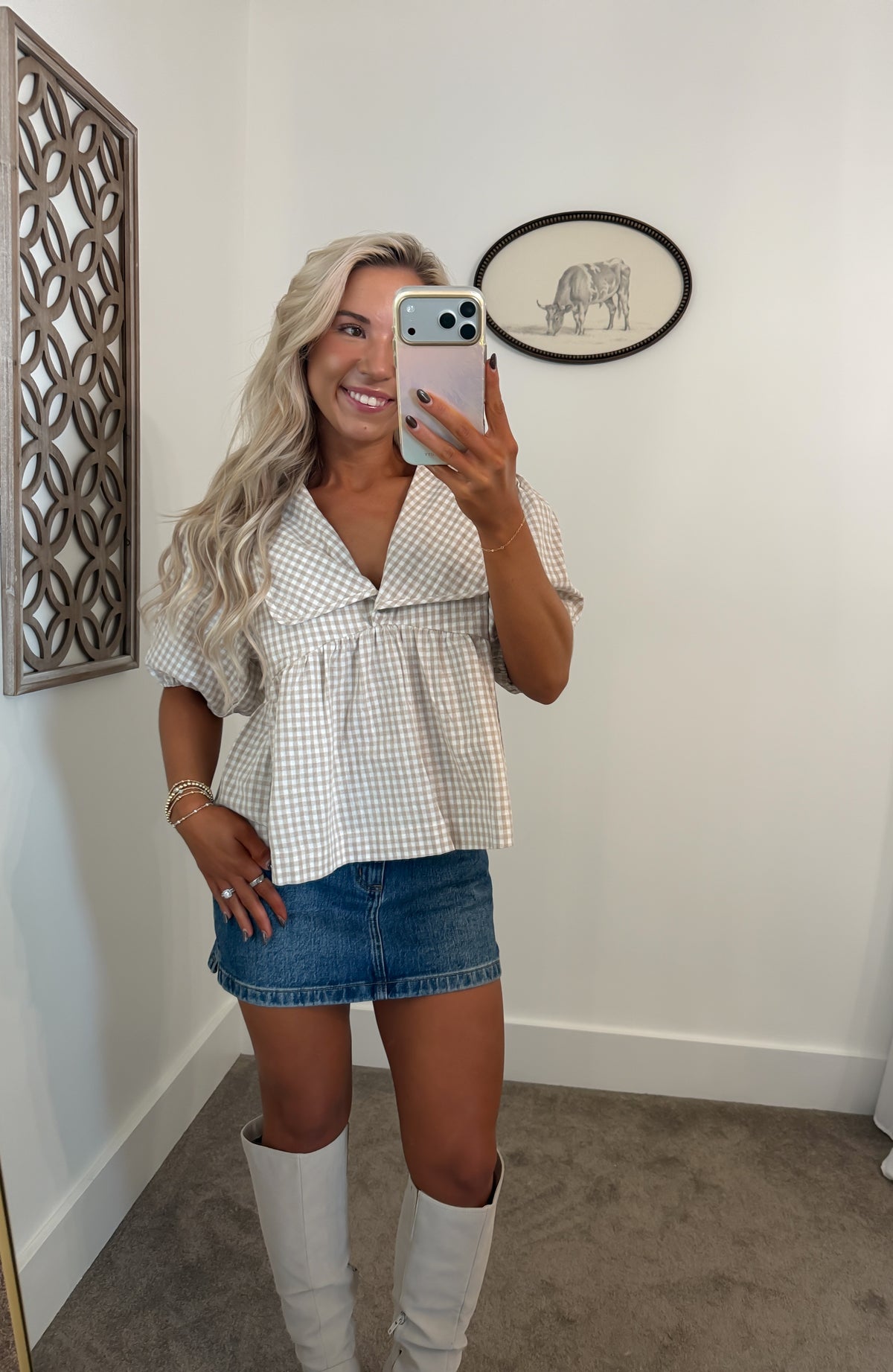 Plaid Collared Blouse (Taupe)