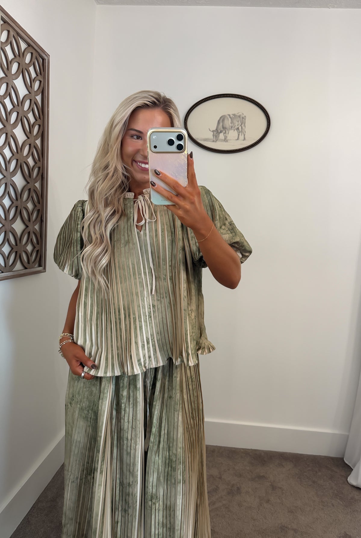 Watercolor Pleated Midi Set (Olive)