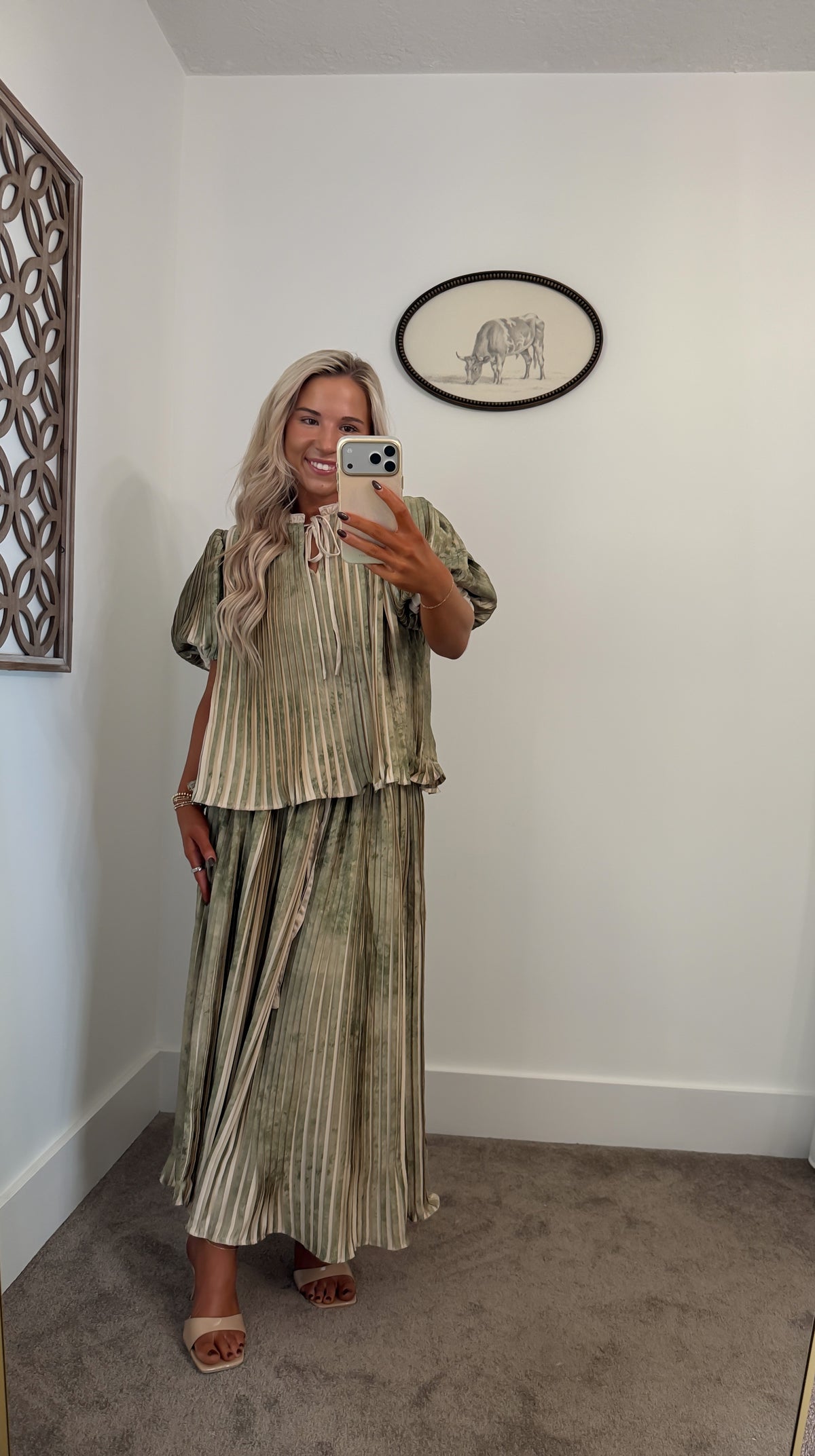 Watercolor Pleated Midi Set (Olive)