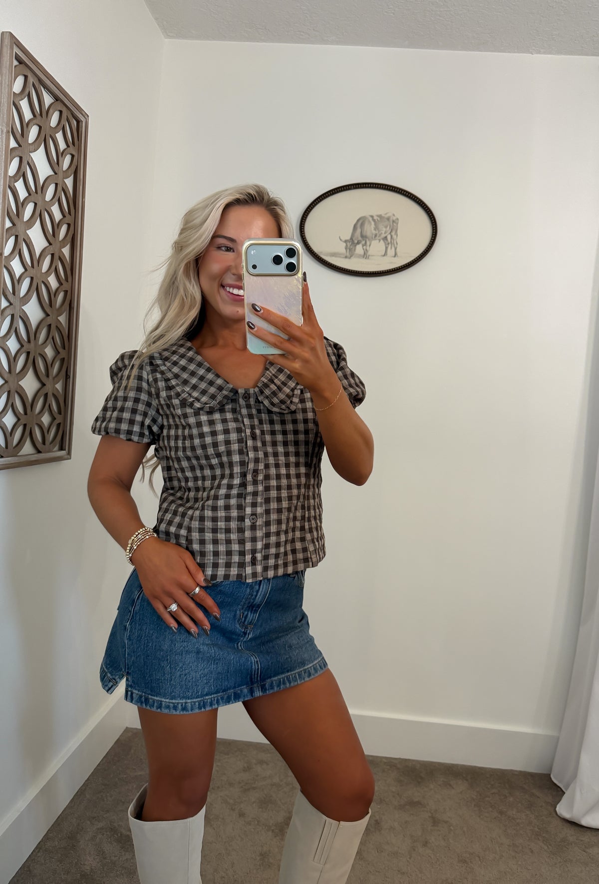 Cocoa Gingham Collared Top
