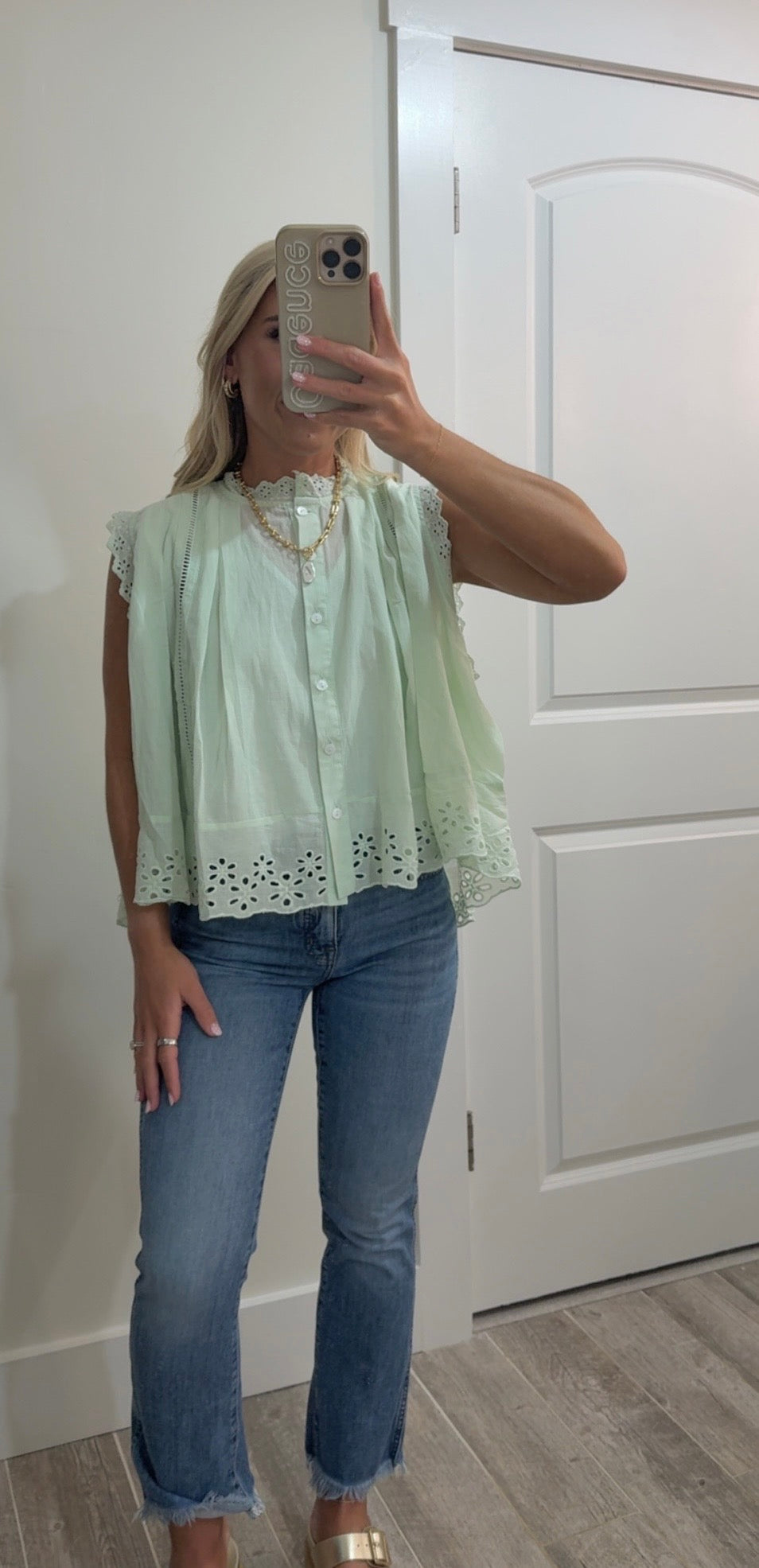 Good To Have Around Button Up Front Pleated Eyelet Blouse