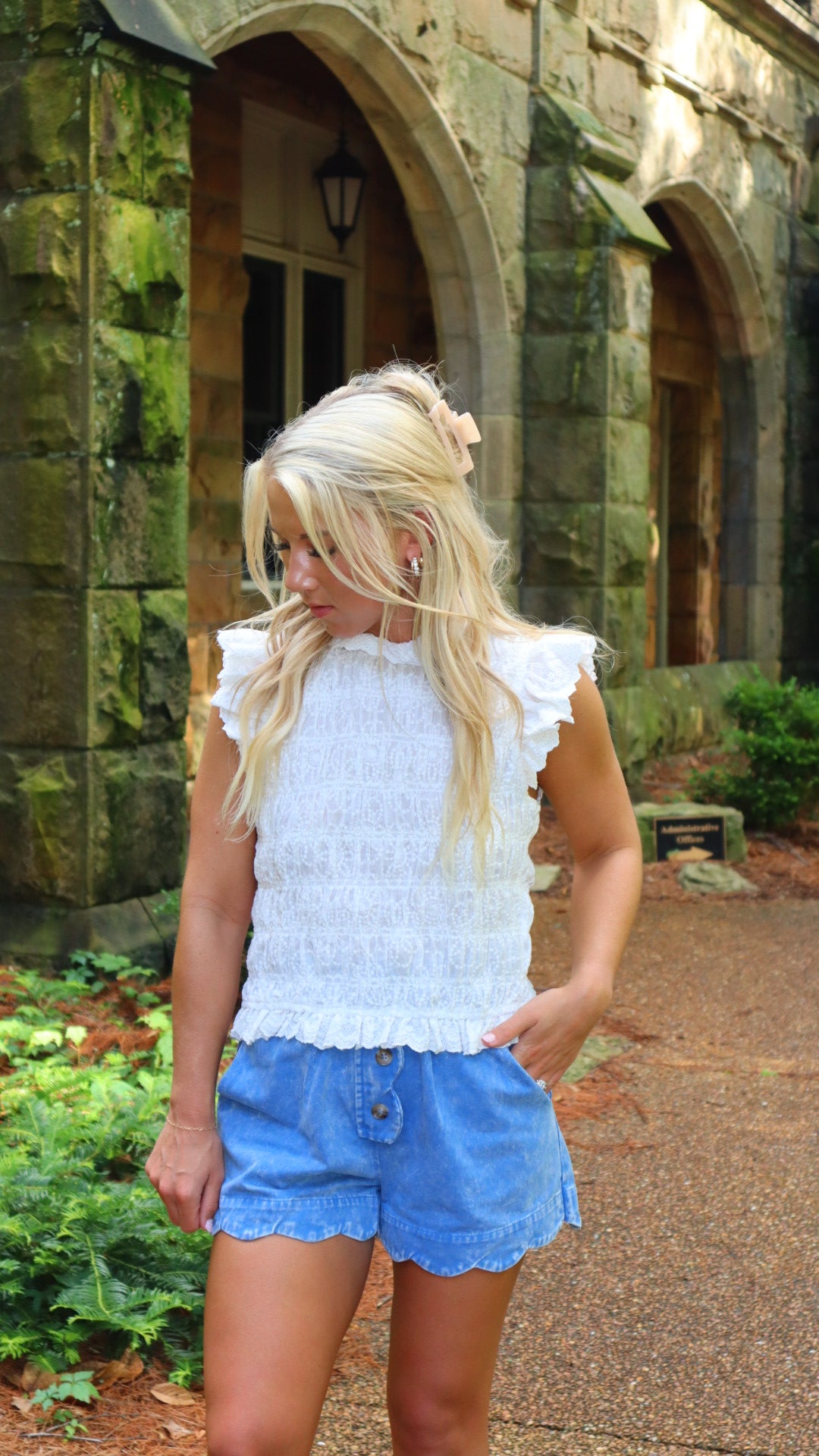 Brunch Babe Smocked Lace Trim Ruffle Blouse