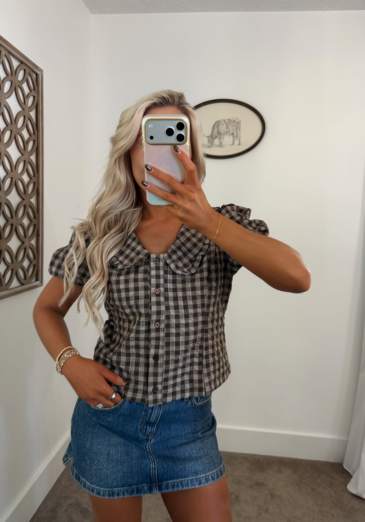 Cocoa Gingham Collared Top