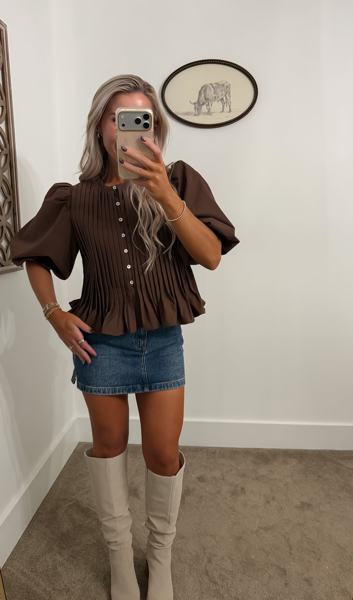 Pintuck Puff Sleeve Peplum Blouse