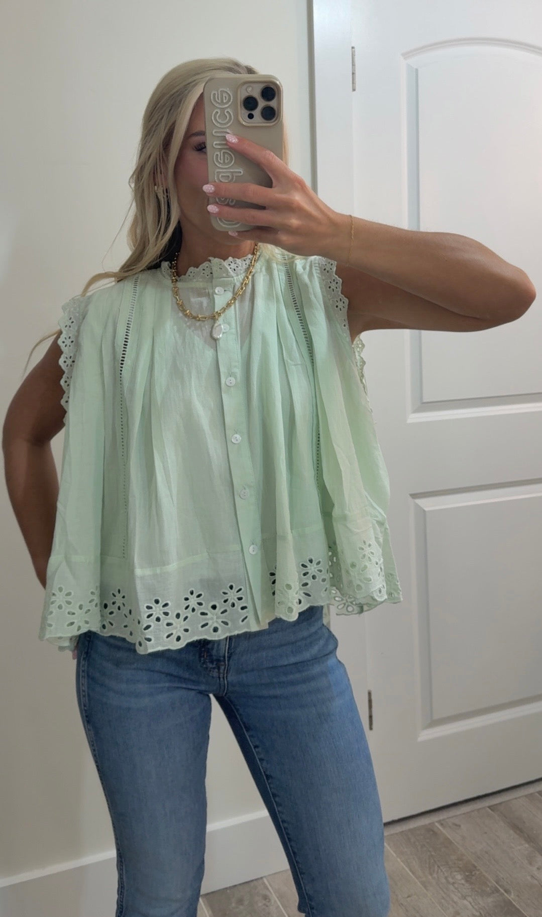 Good To Have Around Button Up Front Pleated Eyelet Blouse