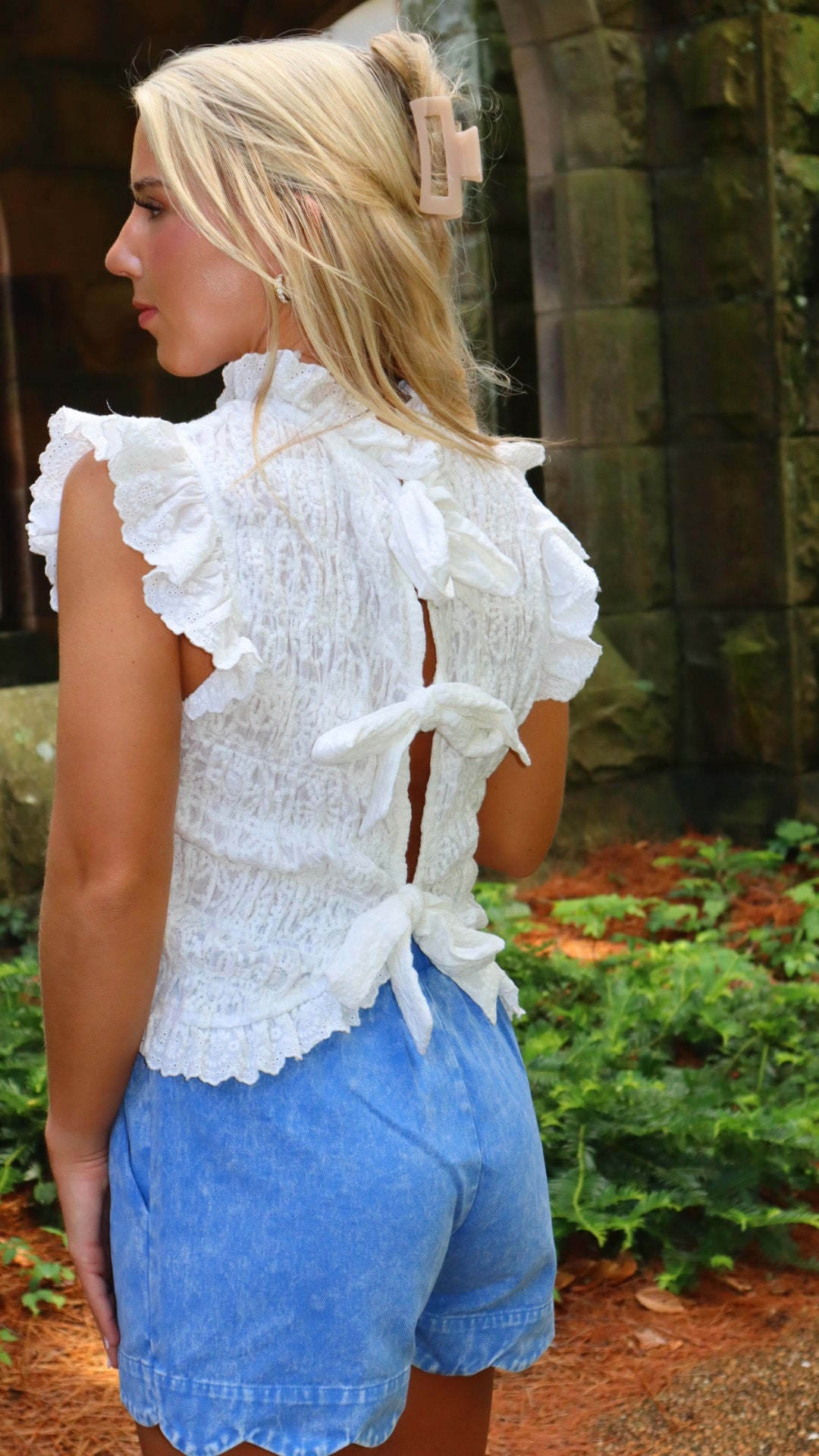 Brunch Babe Smocked Lace Trim Ruffle Blouse