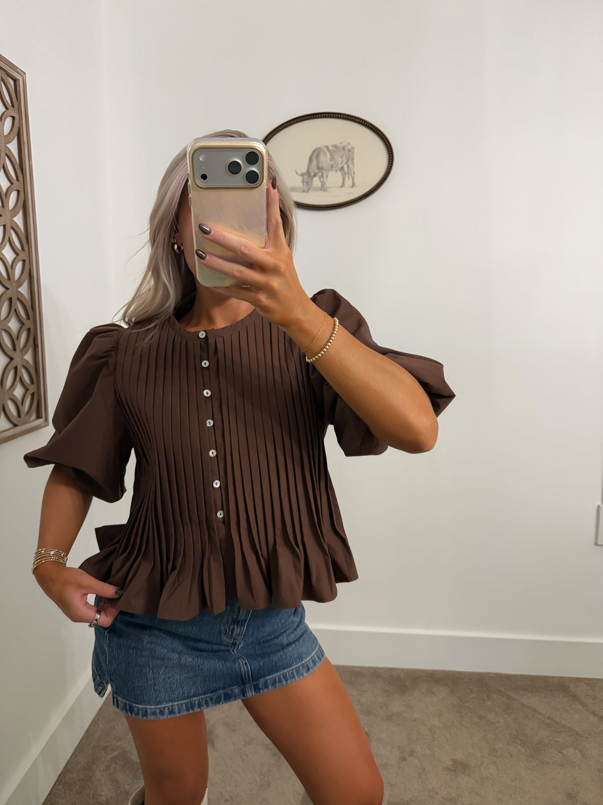 Pintuck Puff Sleeve Peplum Blouse