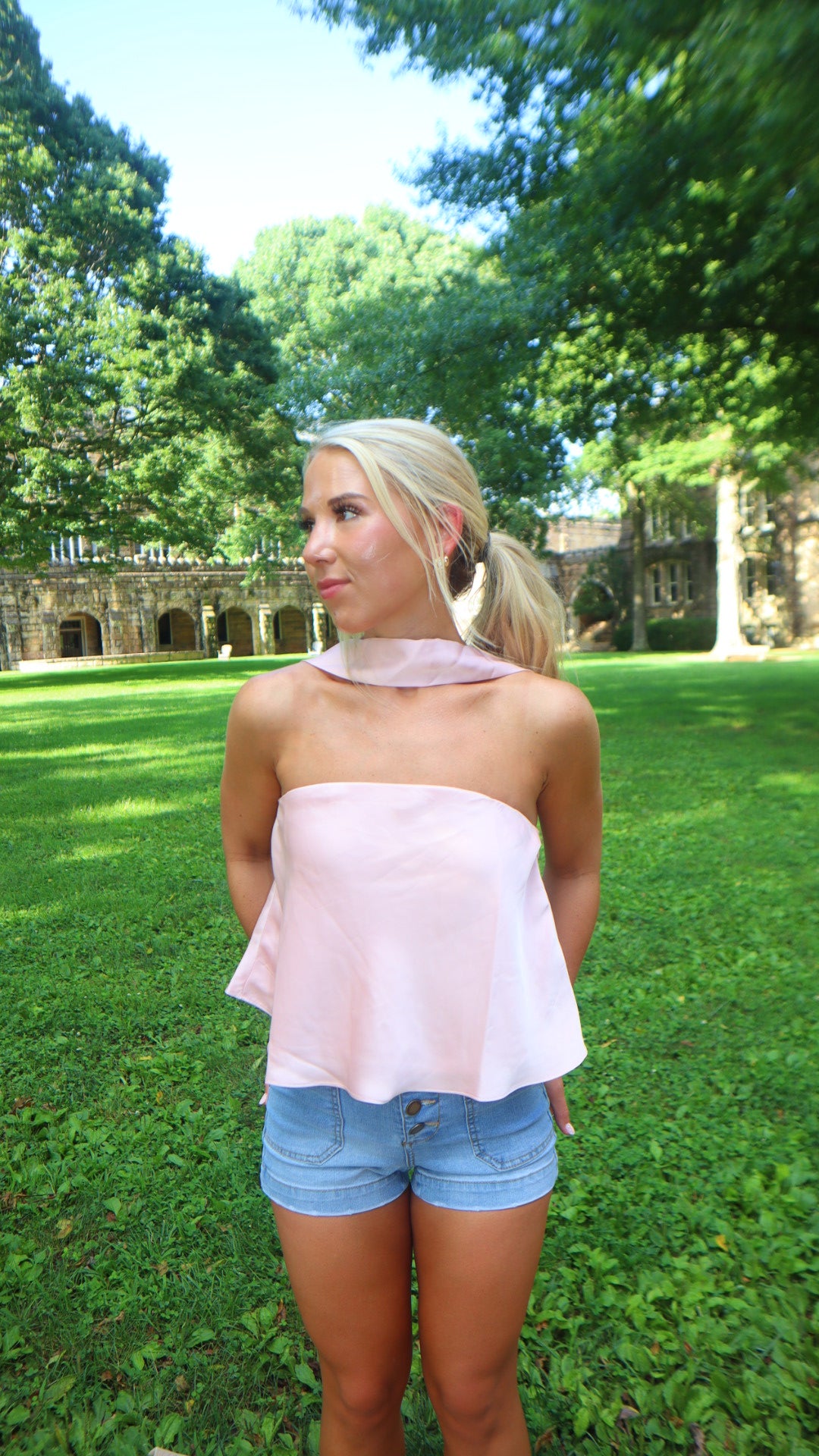 Millie Strapless Scarf Detail Satin Top
