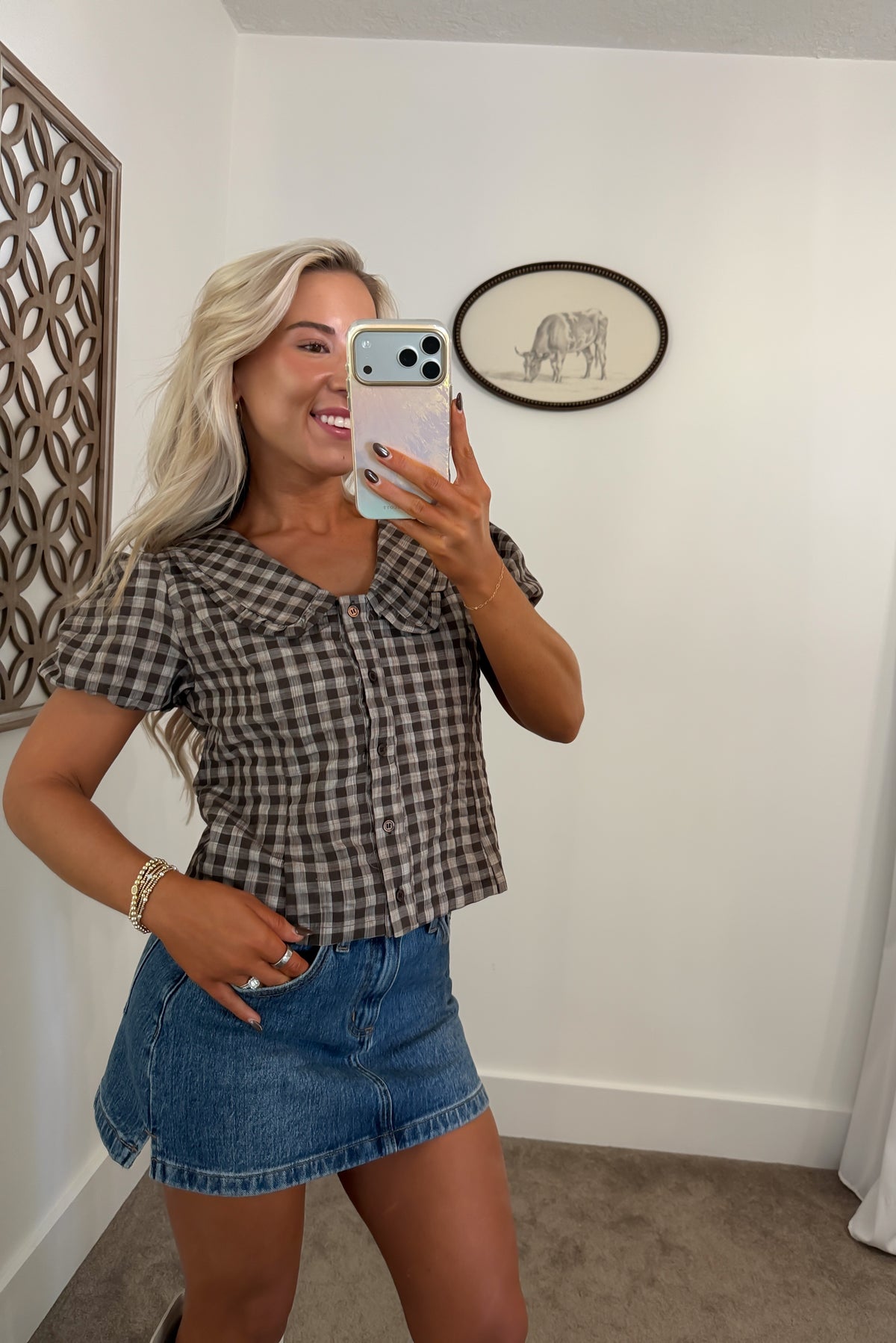 Cocoa Gingham Collared Top