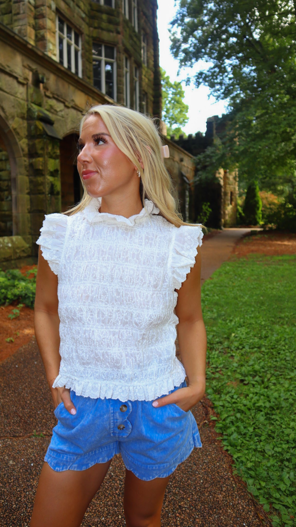 Brunch Babe Smocked Lace Trim Ruffle Blouse