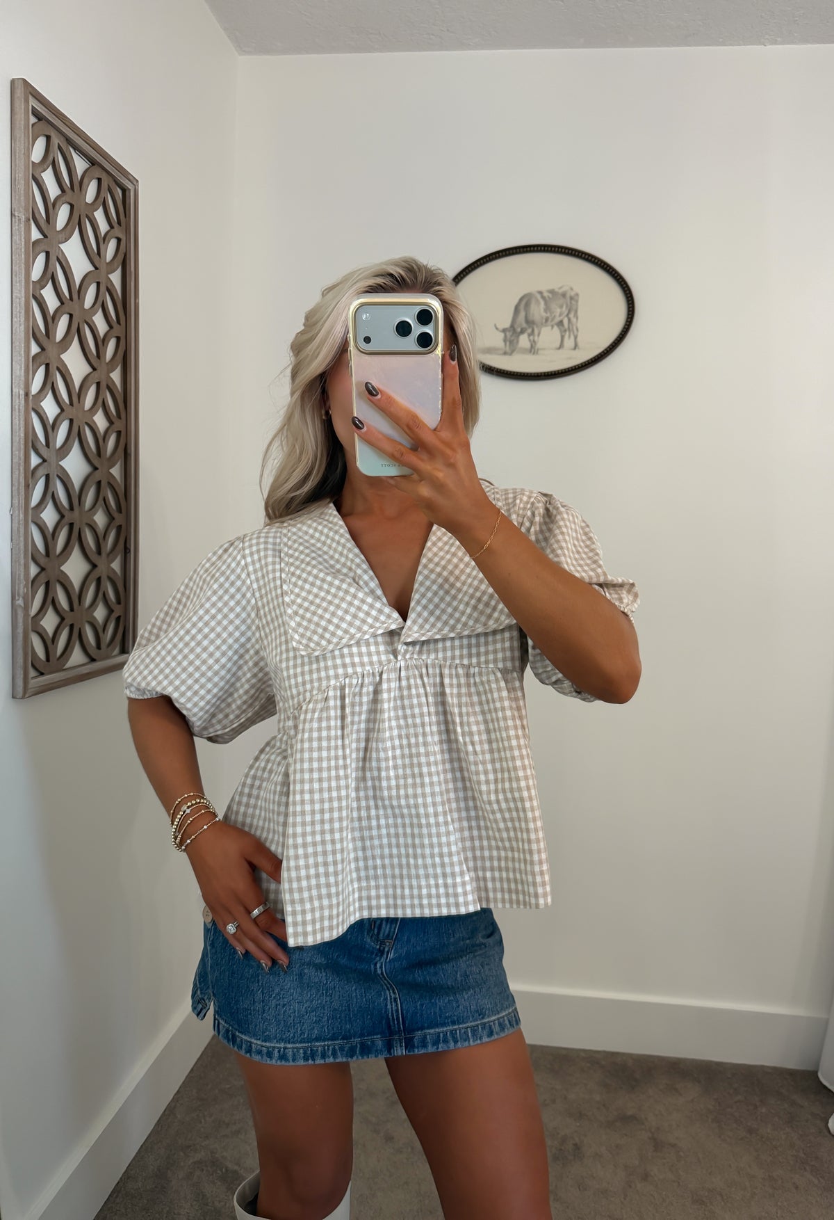 Plaid Collared Blouse (Taupe)