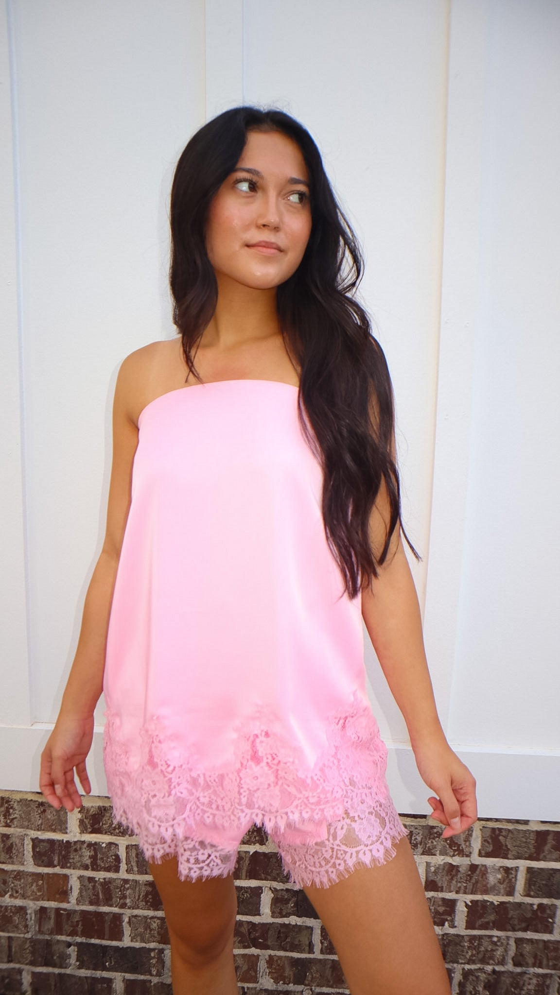 Pretty N’ Pink Lace Trim Strapless Top & Shorts Set