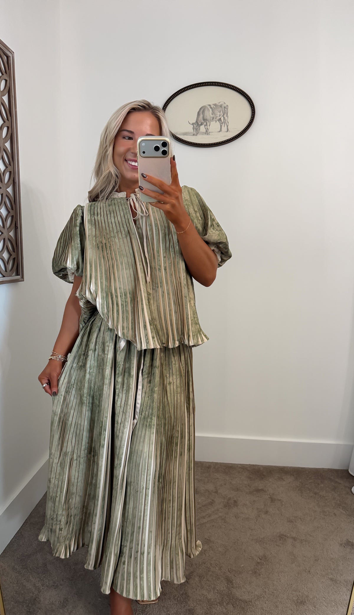 Watercolor Pleated Midi Set (Olive)