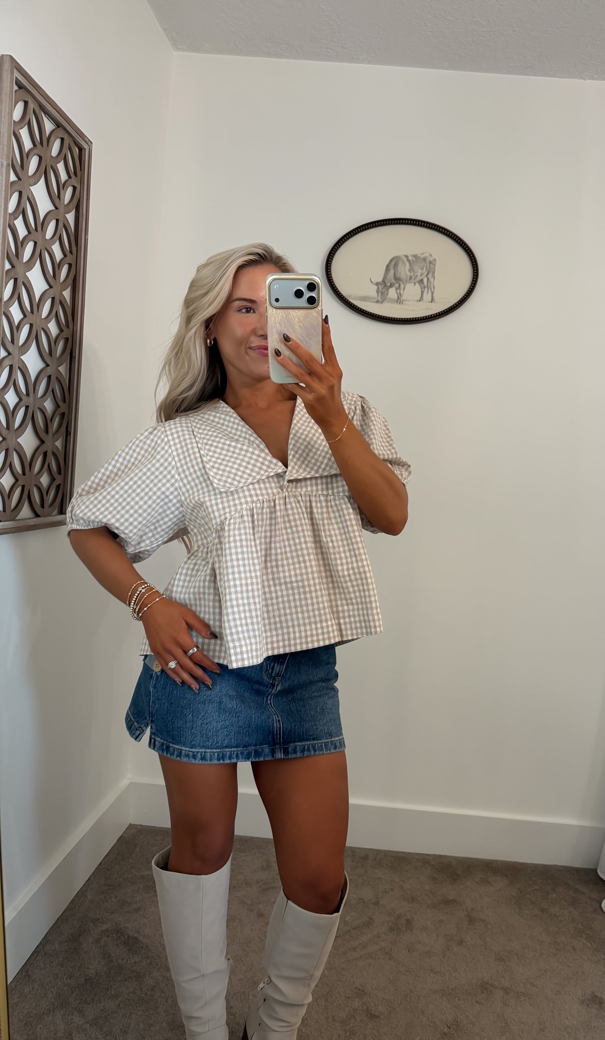 Plaid Collared Blouse (Taupe)