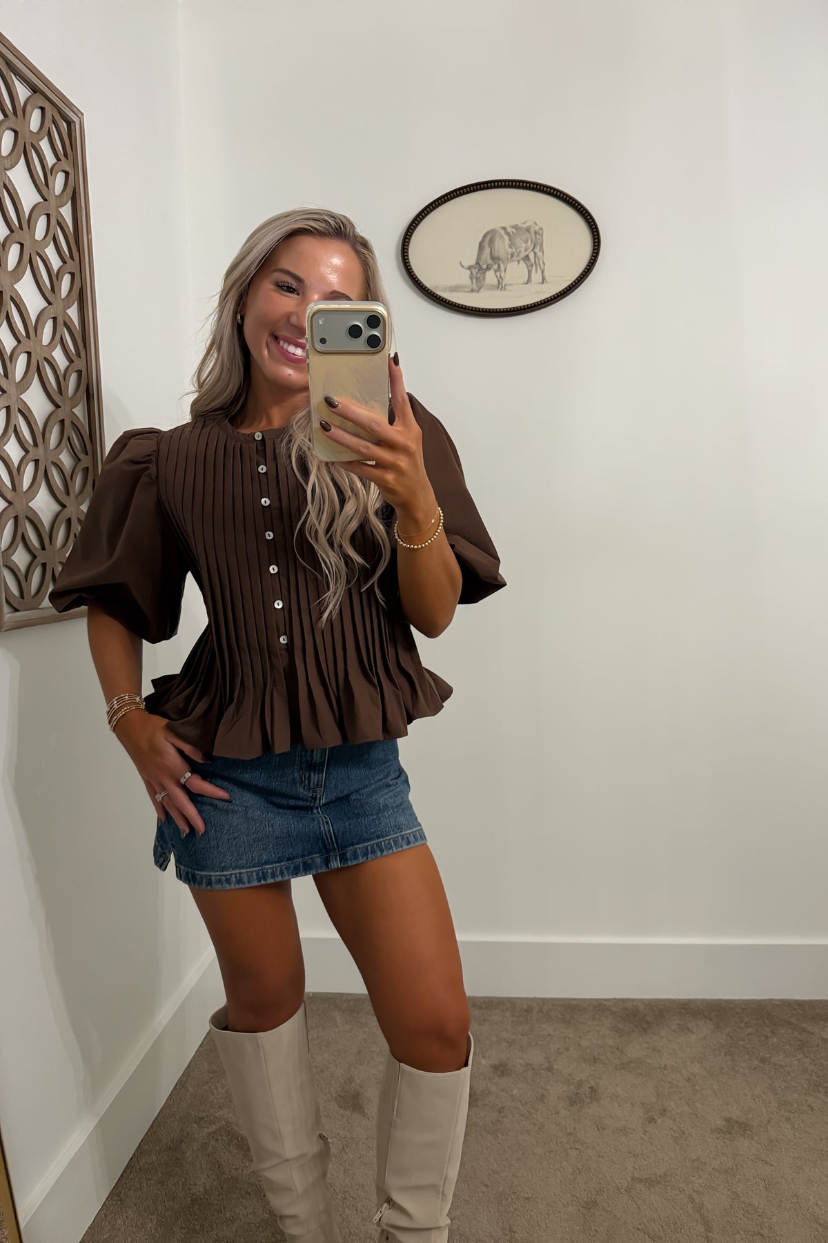 Pintuck Puff Sleeve Peplum Blouse