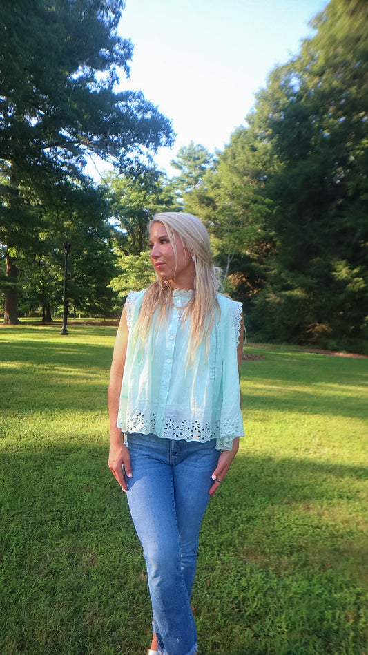 Good To Have Around Button Up Front Pleated Eyelet Blouse