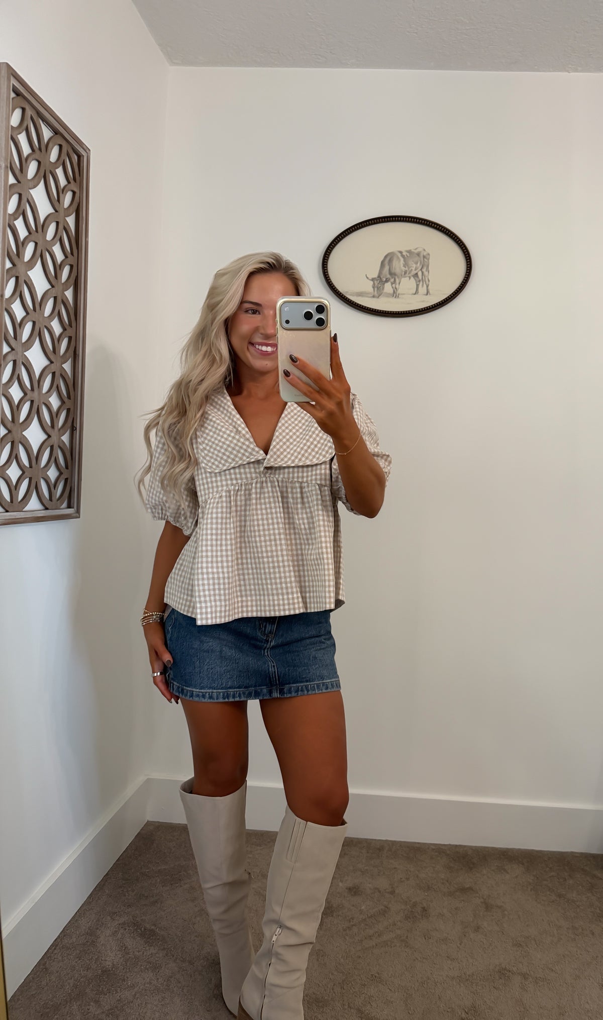 Plaid Collared Blouse (Taupe)